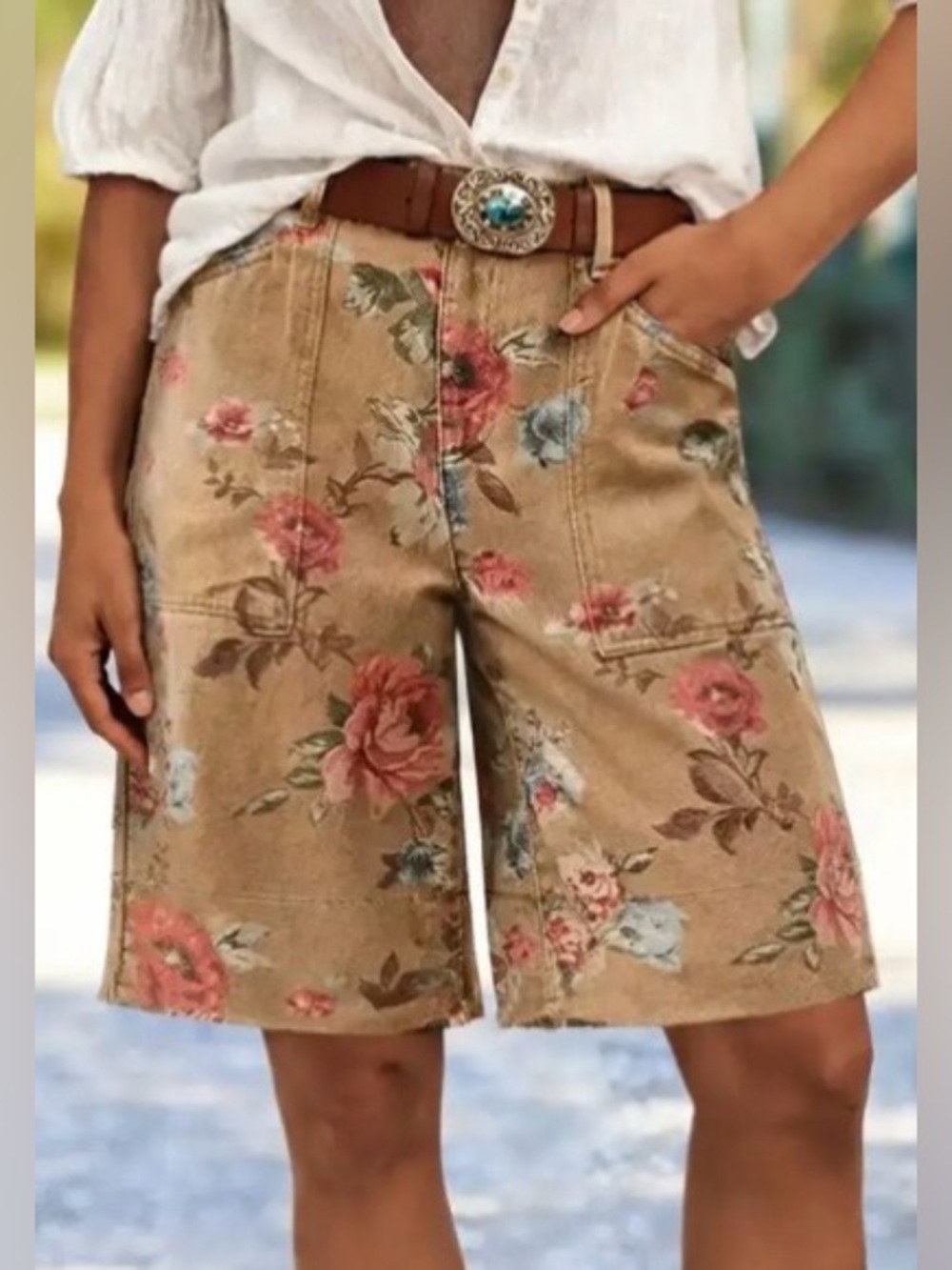 Flamingals Floral Print Patch Pocket High Rise Bermuda Shorts